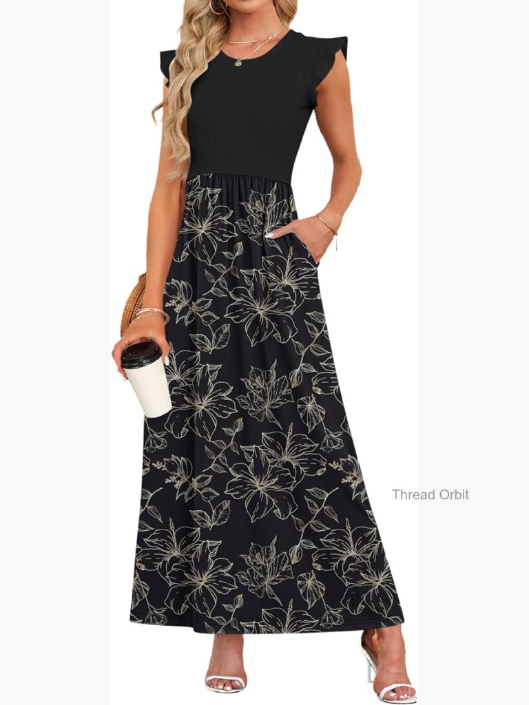 Ruffle Sleeve Maxi Dress With Pockets Crewneck Long Dress Plus Size